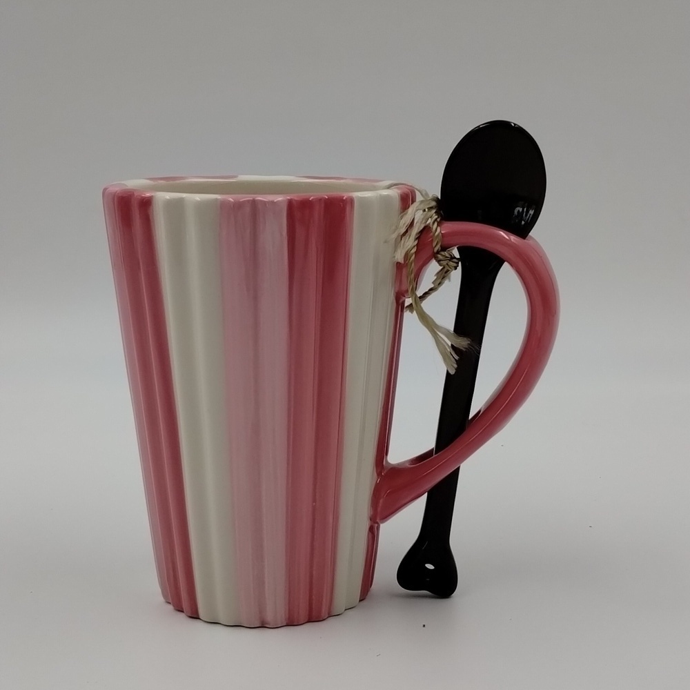 Happy Valentine's Day Hot Cocoa Mug Pink/white Striped Ribbed ceramic w/Spoon